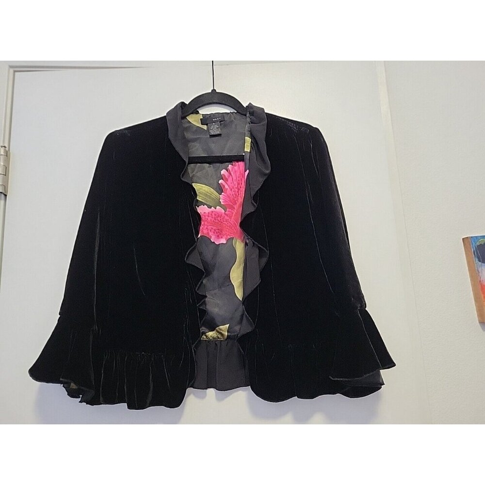 WD NY Women's Black Velvet Ruffle Cardigan Open Front Silk Blend Size 6